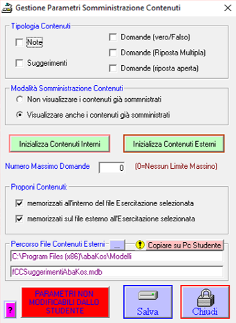 Parametri modalità somministrazione contenuti